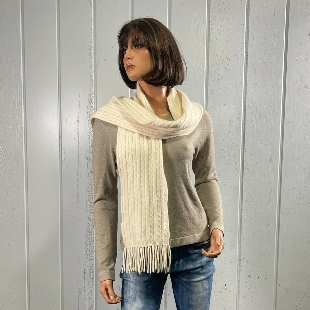 *Casual Corner Women's Cream Cable Knit Scarf with Fringes